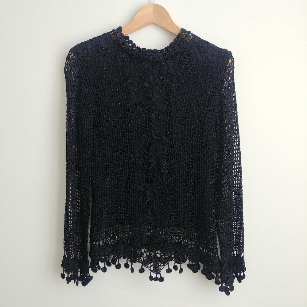 Vintage Kroshetta black crochet sheer sleeve rosette trim bleaded blouse Small
